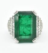 PLATINUM EMERALD AND DIAMOND OCTAGON CUT RING