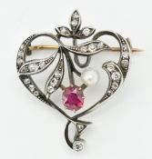 ANTIQUE RUBY DIAMOND & PEARL BROOCH CLIP