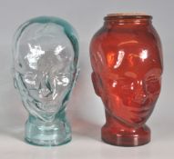 TWO VINTAGE RETRO 20TH CENTURY PRESSED GLASS HABERDASHERY HEADS