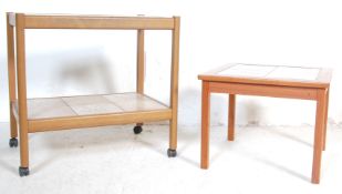 MID CENTURY TEAK WOOD DANISH INFLUENCED TILE TOP TROLLEY