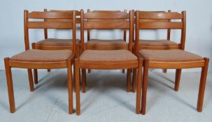 SIX TEAK WOOD FRAME DINNIG CHAIRS BY DURLUNT