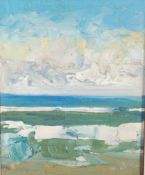 MID CENTURY OIL ON CANVAS PAINTING ABSTRACTED BEACH SCENE