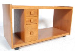 RETRO VINTAGE TEAK WOOD TWO TIER SHELVING UNIT ON WHEELS