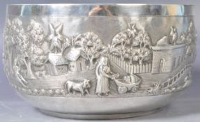 ANTIQUE 19TH CENTURY INDIAN VILLAGE SCENES SILVER PRAYER BOWL