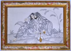 VINTAGE 20TH CENTURY INDIAN PAINTING ON SILK OF TWO LOVERS