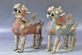 PAIR OF ANTIQUE CHINESE TIBETAN BRASS TURQUOISE & RED ENAMEL FOO DOG FIGURES