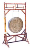 ANTIQUE CHINESE BAMBOO FRAMED BRONZE TEMPLE GONG