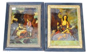PAIR OF ANTIQUE 18TH CENTURY GEORGIAN REVERSE PRINTED GLASS PICTURES
