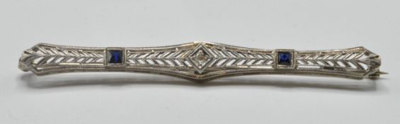ANTIQUE WHITE GOLD DIAMOND AND SAPPHIRE BAR BROOCH