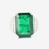 PLATINUM EMERALD AND DIAMOND OCTAGON CUT RING