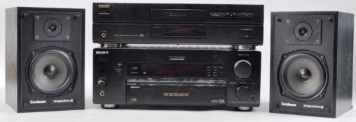 TWO PART STACKING SYSTEM TEAC AND SONY WITH A PAIR OF SPEAKERS