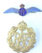 VINTAGE RAF SILVER AND ENAMELLED SWEETHEART BROOCH & CAP BADGE