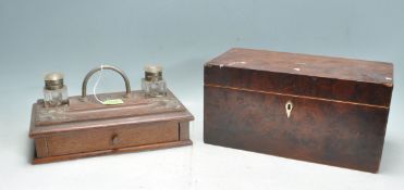 19TH CENTURY VICTORIAN BURR WALNUT TEAK CADDY AND OAK DESK TIDY STAND