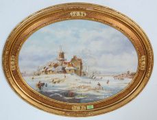 OVAL DUTCH WINTER LANDSCAPE PAINTING