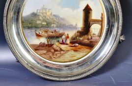 ANTIQUE WILLIAM IV SILVER PLATE HAND PAINTED PORCELAIN TRAY