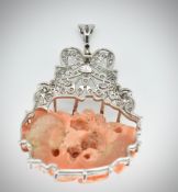 18CT GOLD DIAMOND & CORAL NECKLACE PENDANT