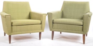 PAIR OF RETRO DANISH INSPIRED ARMCHAIRS ON TEAK SUPPORTS