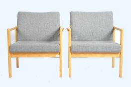 MATCHING PAIR OF BEEECH FRAMED EASY LOUNGE CHAIRS