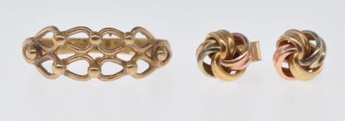 9CT GOLD PIERCED LATTICE RING & KNOT EARRINGS