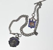 EARLY 20TH CENTURY SILVER HALLMARKED ALBERT CHAIN AND TWO ENAMEL AND SILVER FOBS