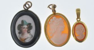 PAINTED MINIATURE PENDANT & TWO CAMEO PENDANTS