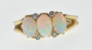 18CT GOLD OPAL AND DIAMOND THREE STONE RING