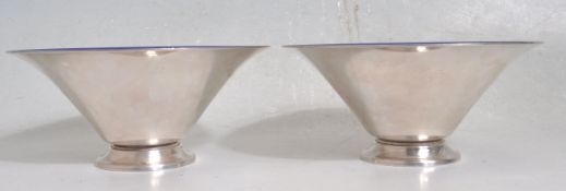 MEKA OF DENMARK - PAIR OF VINTAGE 20TH CENTURY WHITE METAL AND BLUE ENAMEL BOWLS