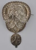 ANTIQUE SILVER WHITE METAL FILIGREE BROOCH