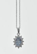 9CT WHITE GOLD AQUAMARINE AND DIAMOND PENDANT NECKLACE.