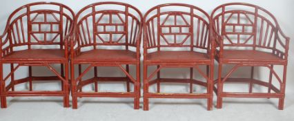 20TH CENTURY CHINESE ORIENTAL RED LACQUER SALOON CHAIRS