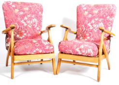 MATCHING PAIR OF ART DECO OAK FRAMED ARMCHAIRS