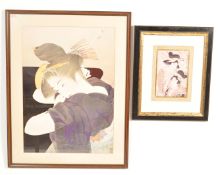 LARGE CONTEMPORARY PRINT OF A JAPANESE GIRL WITH ANOTHER.