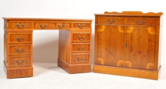 REGENCY REVIVAL STYLE YEW WOOD TWIN PEDESTAL DESK