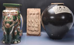 LARGE CHINESE GINGER GAR, PLANTER STOOL AND PANEL