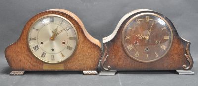 PAIR OF 1930S SMITHS OAK NAPOLEON MANTLE CLOCK.
