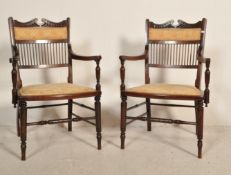 PAIR OF EDWARDIAN MAHOGANY SALON EASY ARMCHAIRS