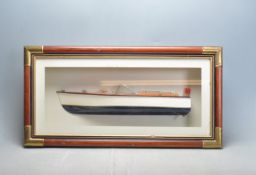HALF HULL MODEL SPEED BOAT SET WITHIN A GLAZED GASE