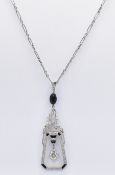 1930'S ART DECO PLATINUM DIAMOND & ONYX PENDANT NECKLACE