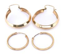 TWO PAIRS OF HALLMARKED GOLD HOOP EARRINGS.