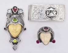 SOUTH EAST ASIAN SILVER BROOCH AND & RING WITH MONEY CLIP