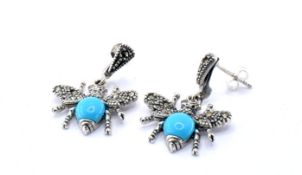 PAIR OF 925 SILVER AND TURQUOISE BUG EARRINGS.
