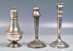 BIRMINGHAM 1917 SILVER SUGAR SHAKER AND TWO CANDLESTICKS