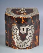 EDWARDIAN MARTIN HALL & CO TORTOISE SHELL AND SILVER TEA CADDY