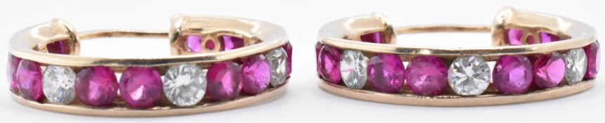 9CT GOLD RUBY AND WHITE STONE HOOP EARRINGS
