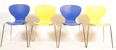 SET OF FOUR COLOURED PLASTIC STACKING DINING CHAIRS