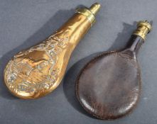 TWO 19TH CENTURY BRASS AND LEATHER POWDER FLASKS