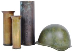 ORIGINAL POST WWII CZECH M32 HELMET AND X3 ARTILLERY SHELLS