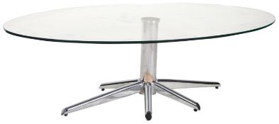 CONTEMPORARY DESIGNER CHROME AND GLASS TOPPED COFFEE TABLE
