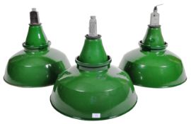 SET OF THREE RETRO 1960'S INDUSTRIAL GREEN ENAMEL SHADES
