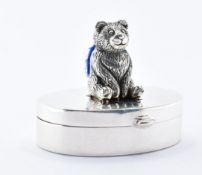 925 SILVER POT WITH TEDDYBEAR PIN CUSHION ATOP.